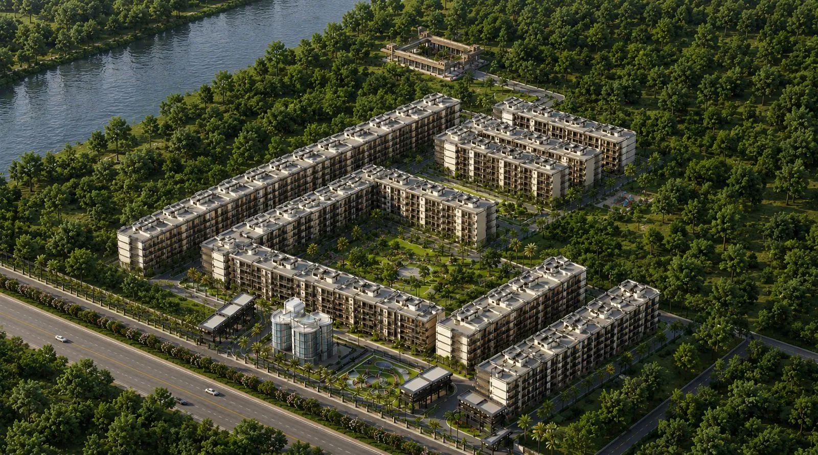 Aerial view of the Golden Avenue Riverside City low-rise township by the river, Haridwar