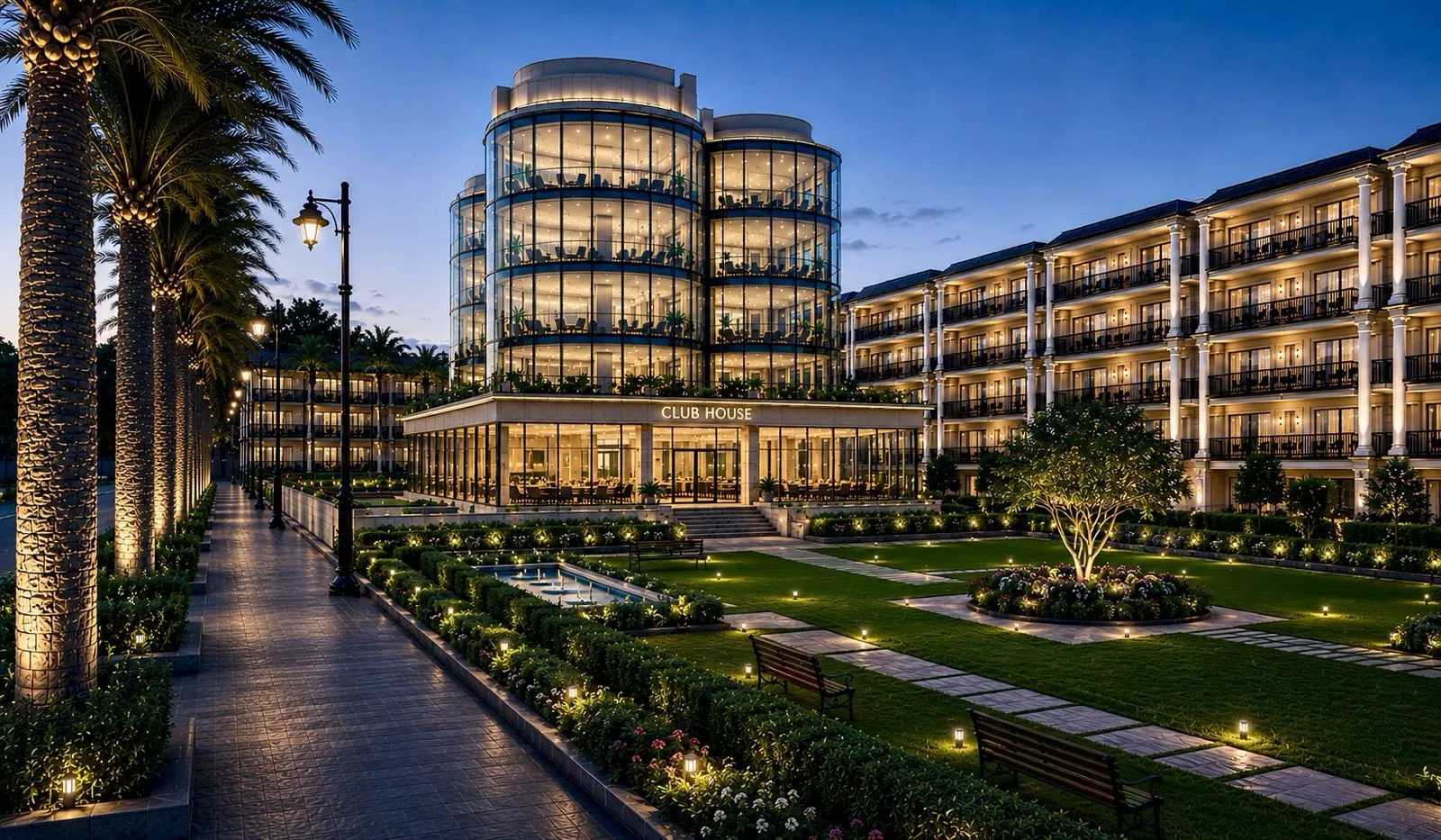 Glass clubhouse and landscaped gardens at Golden Avenue Riverside City, Haridwar