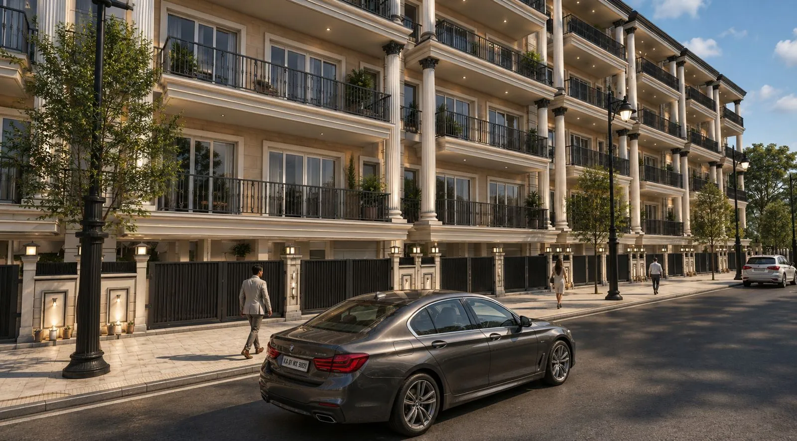 Golden Avenue Riverside City — 4 BHK residence facade with colonnade, Haridwar