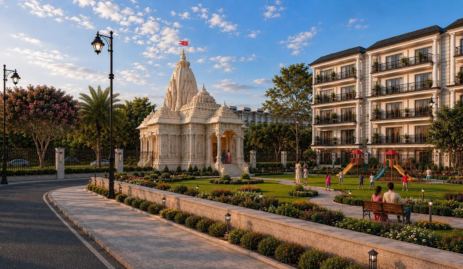 Temple and landscaped garden court at Golden Avenue Riverside City, Haridwar